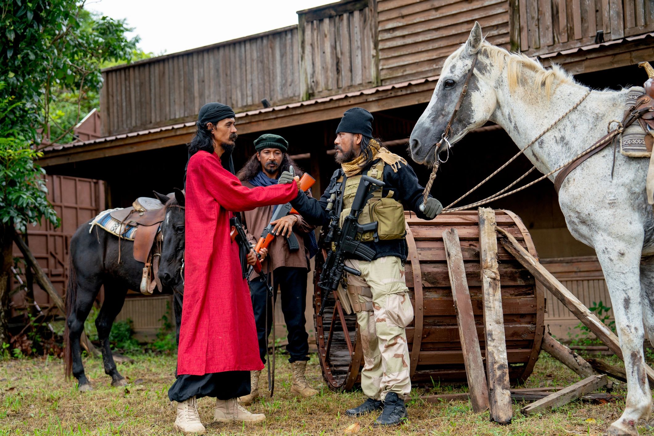 Group in historical clothing representing reenactment gear and event use